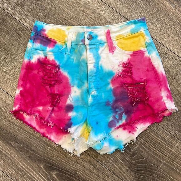 vibrant M.I.U Tye Dye Denim Shorts (modeled) - Picture 2 of 4